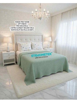 ETEHOMETEX ÇİFT KİŞİLİK %100 PAMUK HAVUZLU PİKE TAKIMI YEŞİL 8696474232073